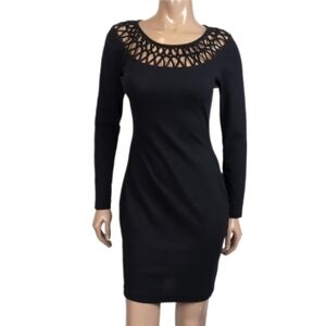 🩵Vintage 80s Together Long Sleeve Bodycon Dress Caged Macrame Neckline LBD